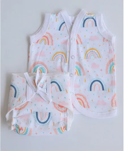 Yellow Doodle 100% Organic Cotton Sleeveless Vest And Cloth Nappy Look for Rainbows Babywear Set Large - Peach