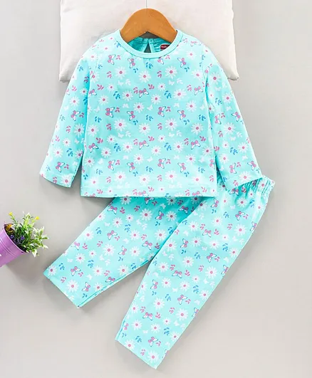 Babyhug Full Sleeves Pajama Set Floral Print - Blue