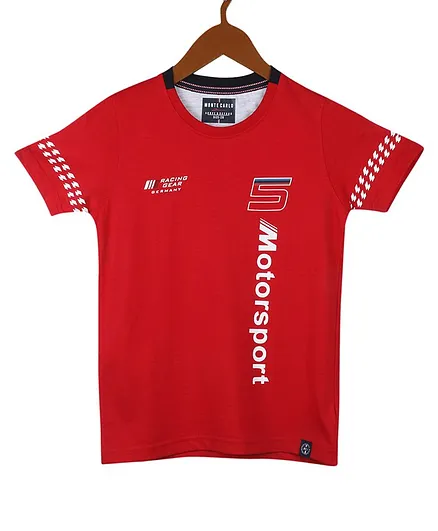 Monte Carlo Half Sleeves Motosport Text Printed T Shirt - Brick Red
