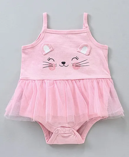 Babyhug 100% Cotton Singlet Sleeves Onesie Kitty Print with Net Detailing - Pink