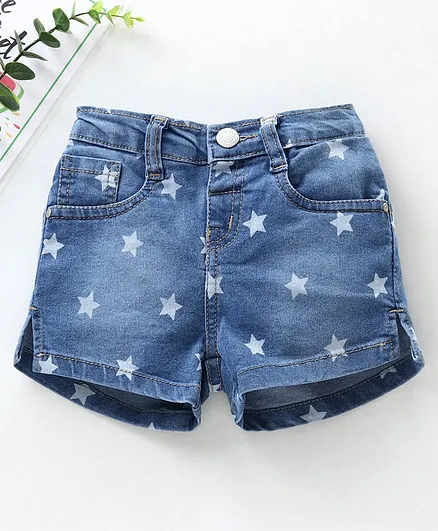 Babyhug Mid Thigh Washed Denim Shorts Stars Print - Blue