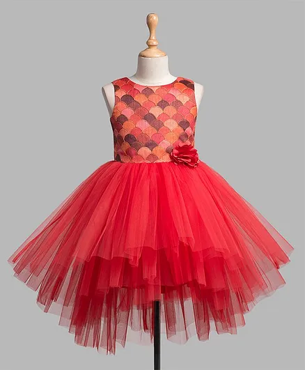 Toy Balloon Sleeveless Brocade Thread Embroidered Bodice Party Wear Dress With Flower - Red