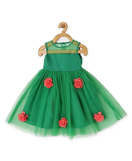 Piccolo Sleeveless Solid Rosette Embellished Dress - Green