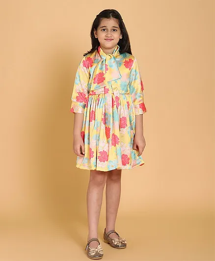 Piccolo Three Fourth Sleeves Floral Print Dress - Yellow