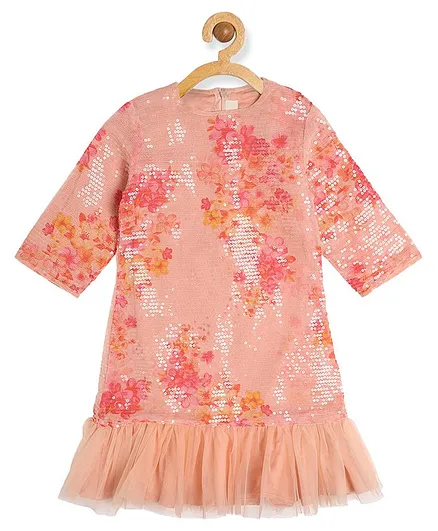 Piccolo Full Sleeves Floral Print Sequin Embellished Dress - Peach