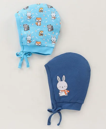 Babyhug 100% Cotton Cap Fox & Rabbit Printed Pack Of 2 Blue - Diameter 7.5 cm
