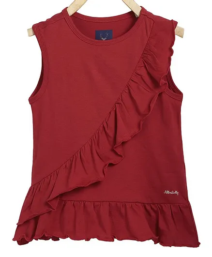 Allen Solly Juniors Sleeveless Solid Top With Frill Detailing - Red