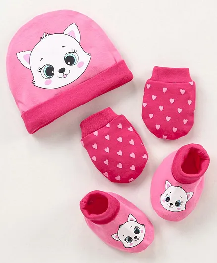 Babyhug 100% Cotton Cap Mitten & Booties Set Cat Print Pink - Diameter 9.5 cm