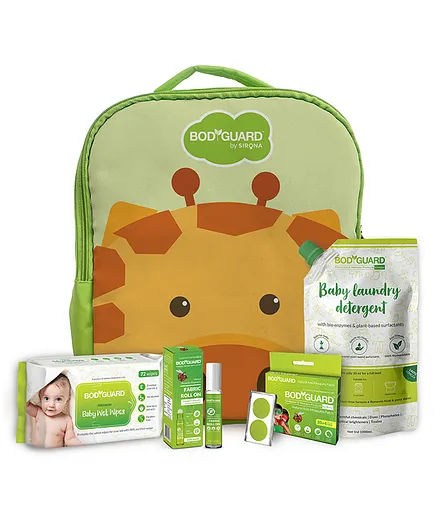 BodyGuard Printed Backpack Style Maternity Bag With Combo of Detergent Wipes Mosquito Roll On & Patches - Green Brown
