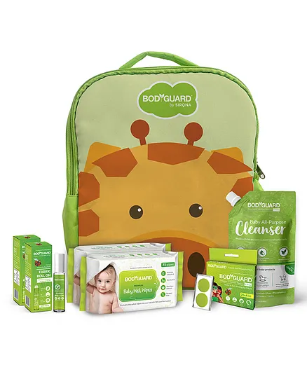 BodyGuard Printed Backpack Style Maternity Bag With Combo of Cleanser Wipes Mosquito Roll On & Patches - Green Brown