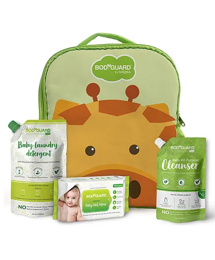 BodyGuard Printed Backpack Style Maternity Bag With Combo of Detergent Wipes & Cleansers - Green Brown