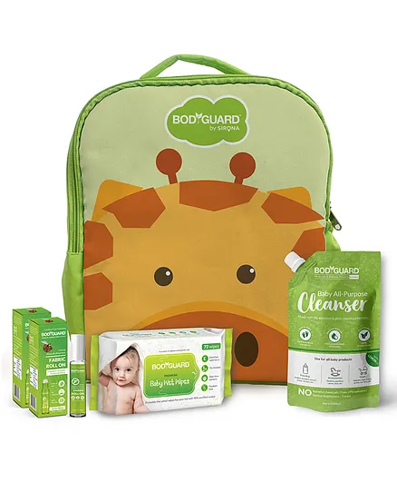 BodyGuard Printed Backpack Style Maternity Bag With Combo of Detergent Wipes Mosquito Roll On & Patches - Green Brown