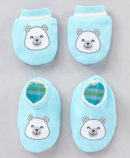 Babyhug 100% Cotton Mittens & Booties Set Bear Printed - Blue