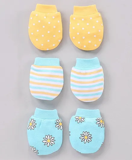 Babyhug 100% Cotton Mittens Set Dot Print & Striped Pack Of 3 - Multicolour