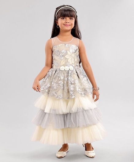 Enfance Sleeveless Mesh Yoke Sequins Embellished Flower Embroidered & Applique Layered Gown - Grey