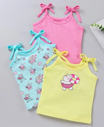 Babyhug Singlet Sleeves 100 % Cotton Tie Knot Slips Bear And Dots Print Pack Of 3 - Pink Blue Yellow