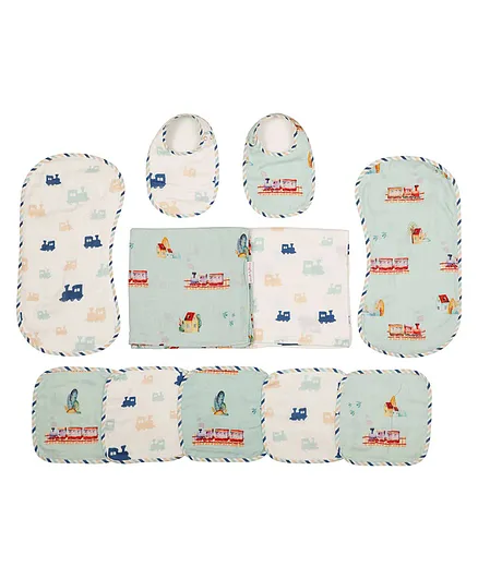Snuggly Spaces Bamboo Muslin Essentials Set Ollie The Train Print Pack Of 11 - Sky Blue White 