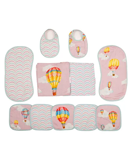 Snuggly Spaces Bamboo Muslin Essentials Set  Cappadocia Hot Air Balloon Print Pack Of 11 - White & Pink