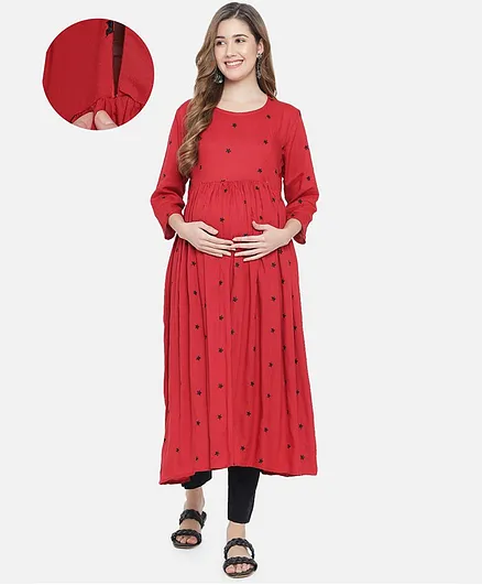 Aujjessa Three Fourth Sleeves Embroidered Flared Maternity Kurta With Side Pockets - Maroon