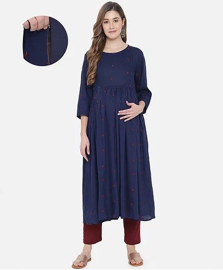 Aujjessa Three Fourth Sleeves Embroidered Flared Maternity Kurta With Side Pockets - Blue