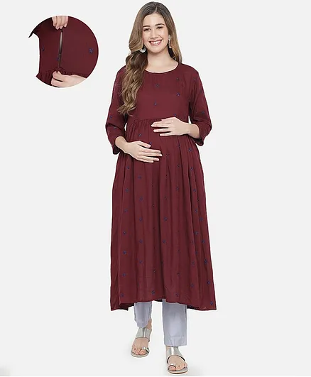 Aujjessa Three Fourth Sleeves Embroidered Flared Maternity Kurta With Side Pockets - Brown
