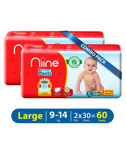 Niine Cottony Soft Baby Diaper Pants with Diaper Change Indicator for Overnight Protection Large Size 30 Pack of 2 -  60 Pants