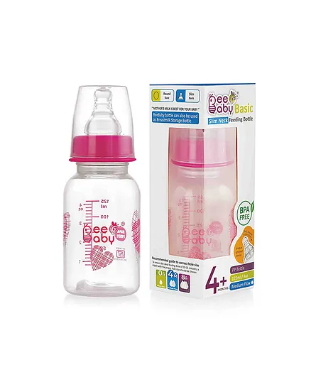 BeeBaby Basic Slim Neck Baby Feeding Bottle with Anti - Colic Nipple Pink - 125 ml