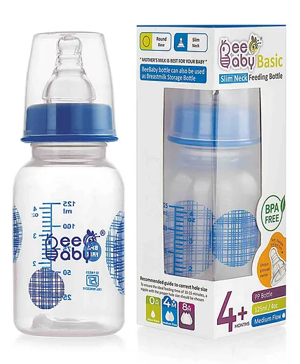 BeeBaby Basic Slim Neck Baby Feeding Bottle with Anti - Colic Nipple Blue - 125 ml