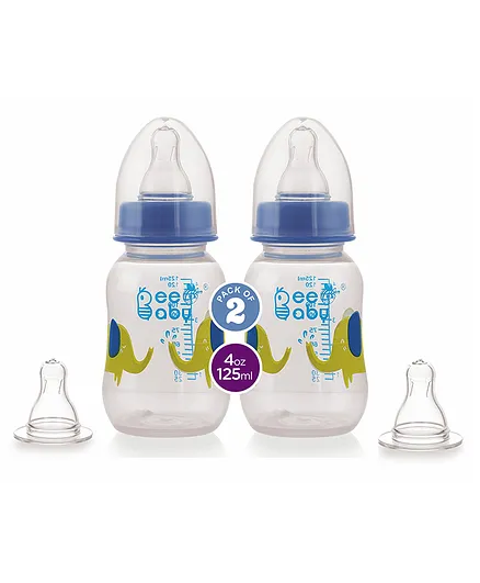 BeeBaby Easy Start Baby Feeding Bottle With 4 Anti Colic Gentle Touch Nipples Pack of 2 Blue - 125 ml Each
