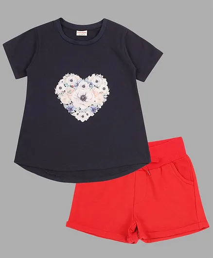 RAINE AND JAINE Half Sleeves Floral Heart Printed Tee & Solid Shorts Set - Navy & Red