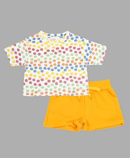 RAINE AND JAINE Half Sleeves Dots Printed Crop Tee & Solid Shorts Set - White & Yellow