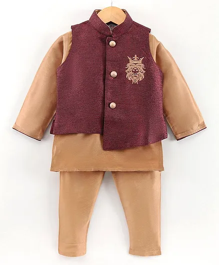 Dapper Dudes Full Sleeves Kurta With Lion Embroidered Waistcoat & Pajama - Maroon
