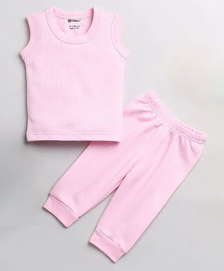 MOONKIDS Sleeveless Solid   Inner Wear Vest With Pyjama - Pink