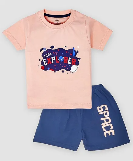 The Boo Boo Club Half Sleeves Explore Space Print Tee & Shorts Set - Peach