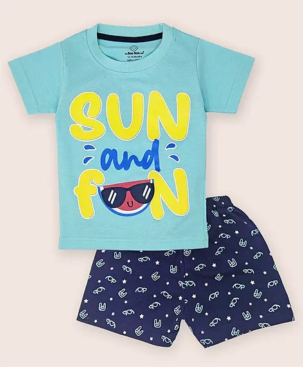 The Boo Boo Club Half Sleeves Sun And Fun Print Tee & Shorts Set - Aqua Blue