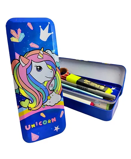 FunBlast Unicorn Print Metal Pencil Box For Stationery Items - Blue