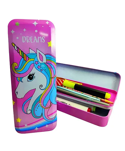 FunBlast Unicorn Print Metal Pencil Box For Stationery Items - Pink