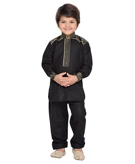AJ Dezines Full Sleeves Solid Colour Pathani Kurta With Pajama - Black