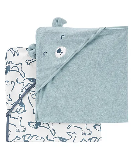 Carter's Cotton Blend Knit Dog Printed Hooded Towel Pack of 2 - Blue White