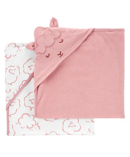 Carter's Cotton Blend Knit Sheep Printed Hooded Towel Pack of 2 - White Pink