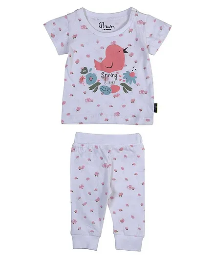 GJ Baby Short Sleeves Tee With Lounge Pants Floral & Bird Print- White