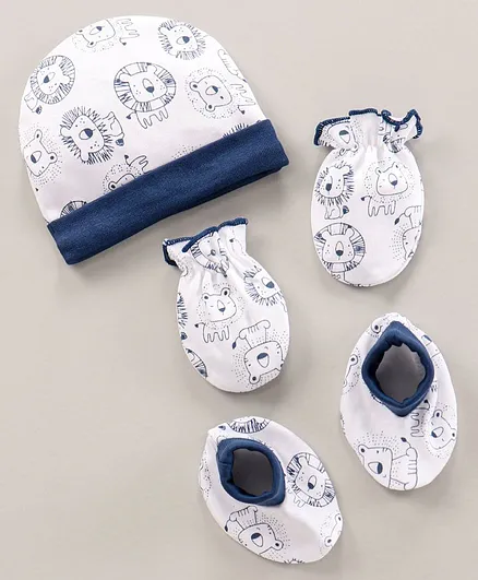 Babyhug 100% Cotton Caps Mittens & Booties Set Lion Printed White- Cap Diameter 9.5 cm