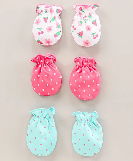 Babyhug 100% Cotton Mittens Pack Of 3 Flowers Fruits And Spots Print Multicolour- Length 9.5 cm
