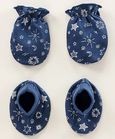 Babyhug 100% Cotton Mittens And Booties Set Stars Printed Navy Blue