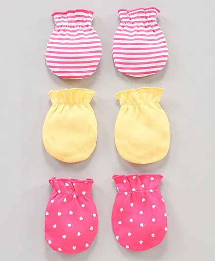 Babyhug 100% Cotton Mittens Set Pack of 3 - Pink Yellow