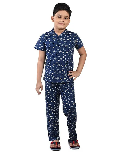 Clothe Funn Half Sleeves All Over Stars Printed Night Suit - Navy Blue