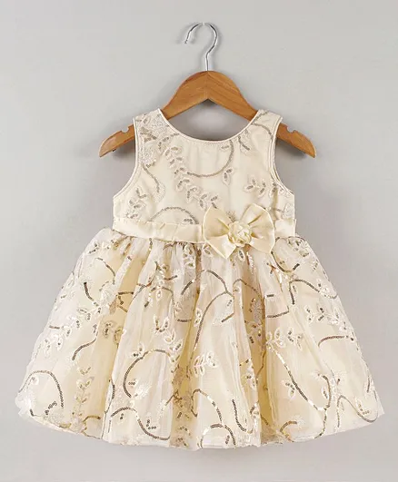 Babyhug Sleeveless Party Wear Frock With Sequins & Bow Applique - Beige