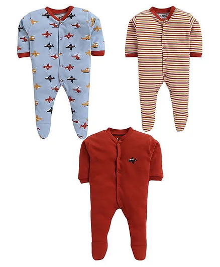 BUMZEE Pack Of 3 Full Sleeves Striped & Aeroplane Printed Sleep Suits - Red & Blue