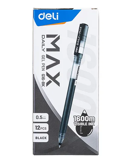 Deli Black Gel Ink Pen Set for Student 1600mm Long Writing 0 5mm Bullet Nib Gel Pen EG16 BK 12 Pieces - Black