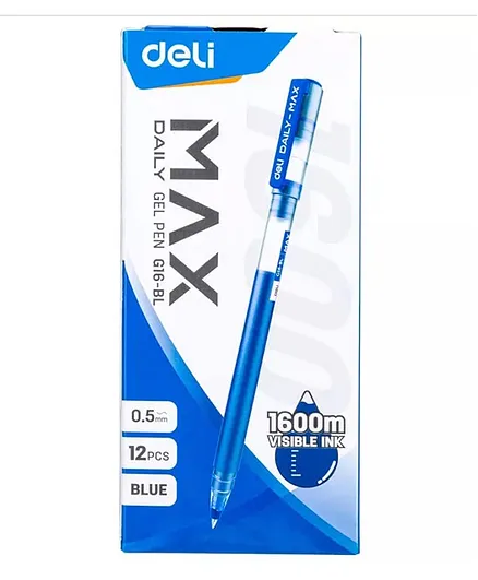 Deli Blue Gel Ink Pen Set for Student 1600 mm Long Writing 0.5 mm Bullet Nib Gel Pen EG16 BL - 12 Pieces